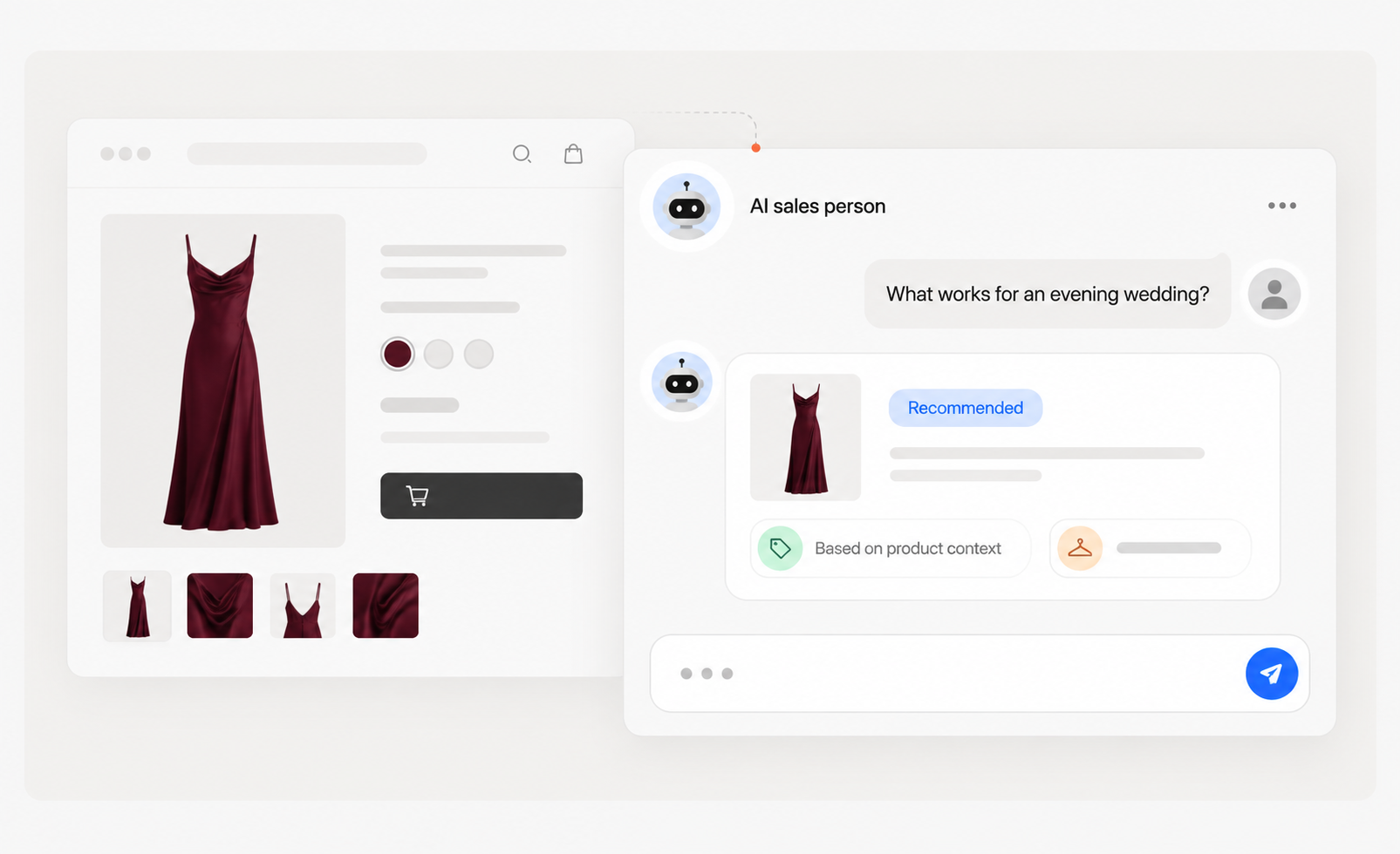 AI sales assistant answering a shopper's ecommerce question with a product recommendation