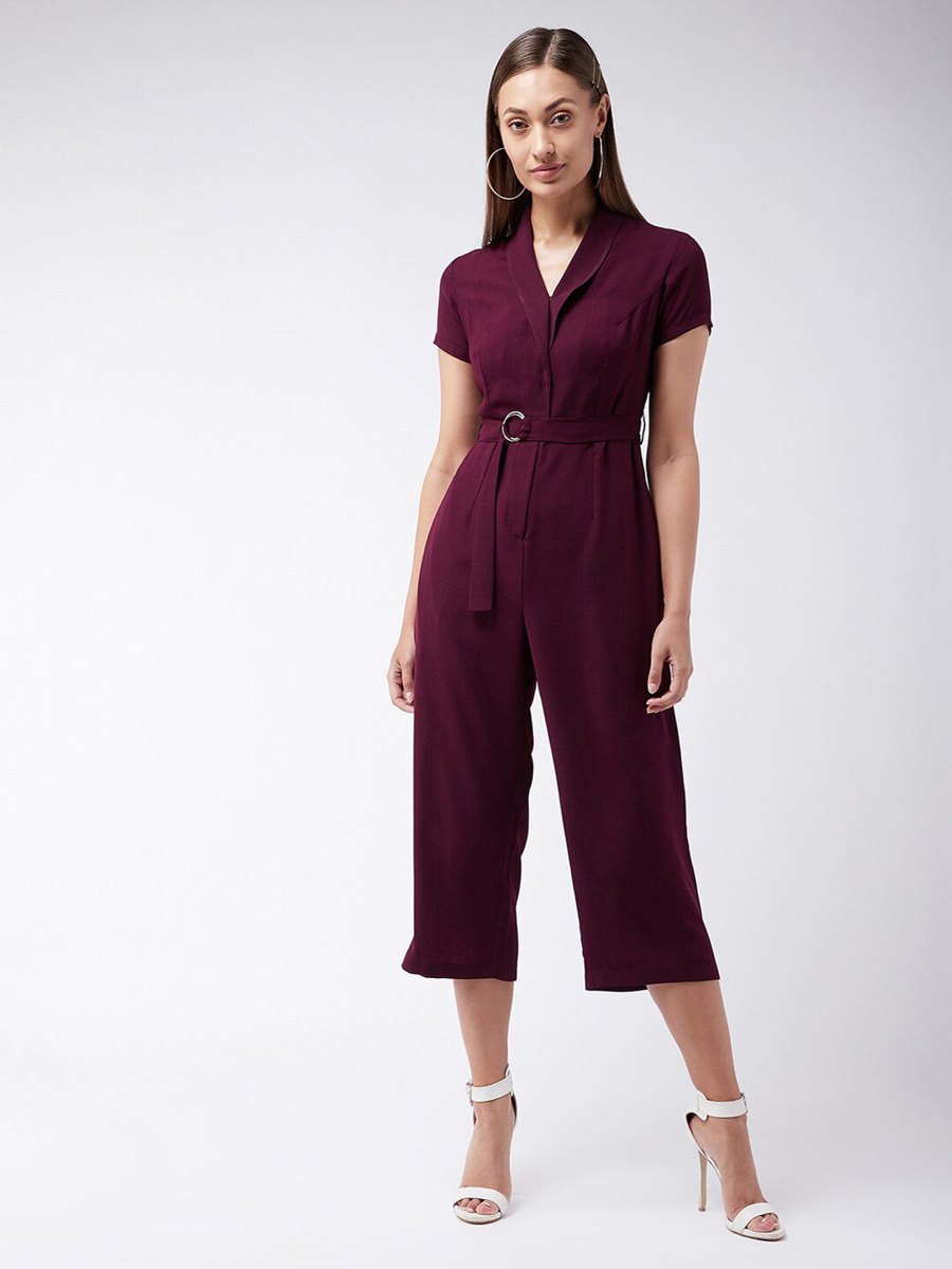 Purple shawl-neck culotte jumpsuit
